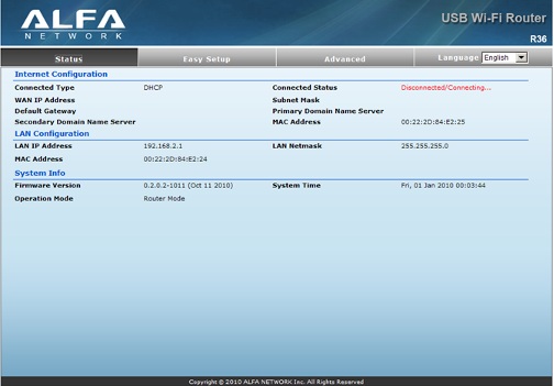 alfa r36 status internet configuration