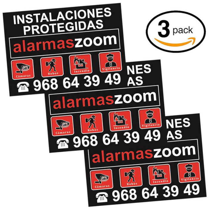 PACK 3 CARTELES RIGIDOS INSTALACIONES PROTEGIDAS ALARMAS-ZOOM COLOR NEGRO