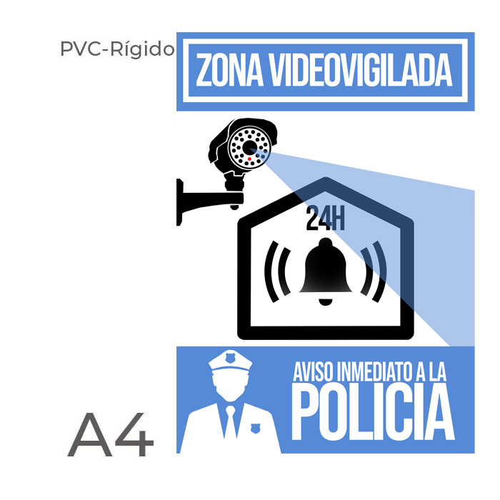 Cartel PVC rigido alarma disuasoria color azul A4