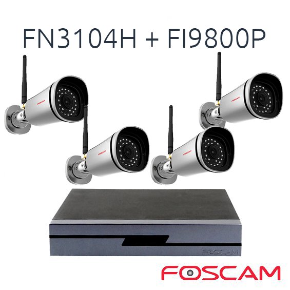 NVR FOSCAM GRABADOR FN3104H CON 4 CAMARAS EXTERIOR  FI9800P