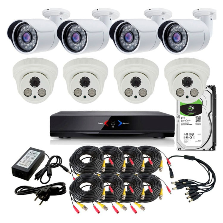 Kit Grabador CCTV con 4 camaras interior fijas FULL-HD con vision nocturna y 4 exterior fijas HD 720p. Disco duro 2Tb SATA