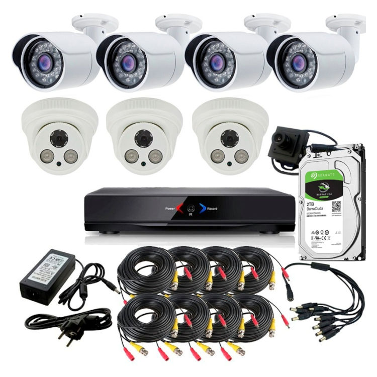 Kit Grabador CCTV con 3 camaras interior fijas FULL-HD con vision nocturna  4 exterior fijas HD 720p y una oculta interior. Disco duro 2Tb