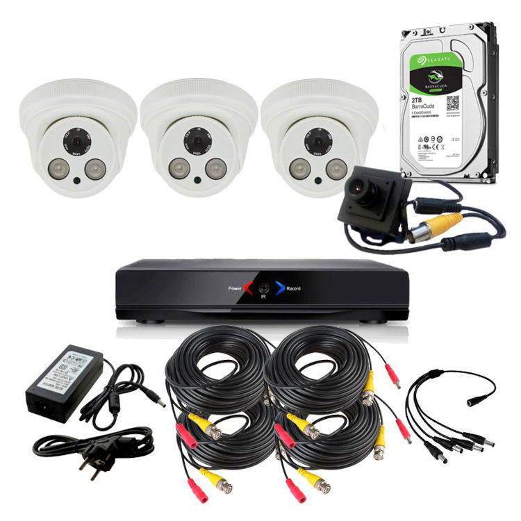 Kit Grabador CCTV con 3 camaras domo interior FULL-HD AHD309 y 1 camara oculta. Disco duro 2Tb