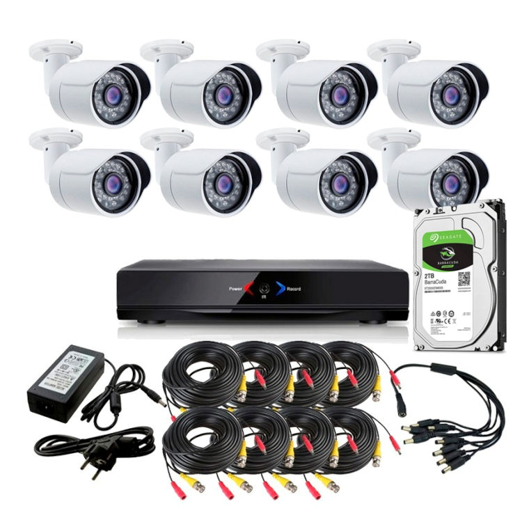 Kit Grabador CCTV con 8 camaras exterior fijas HD 720p  AHD101AL. Disco duro 2Tb  SATA