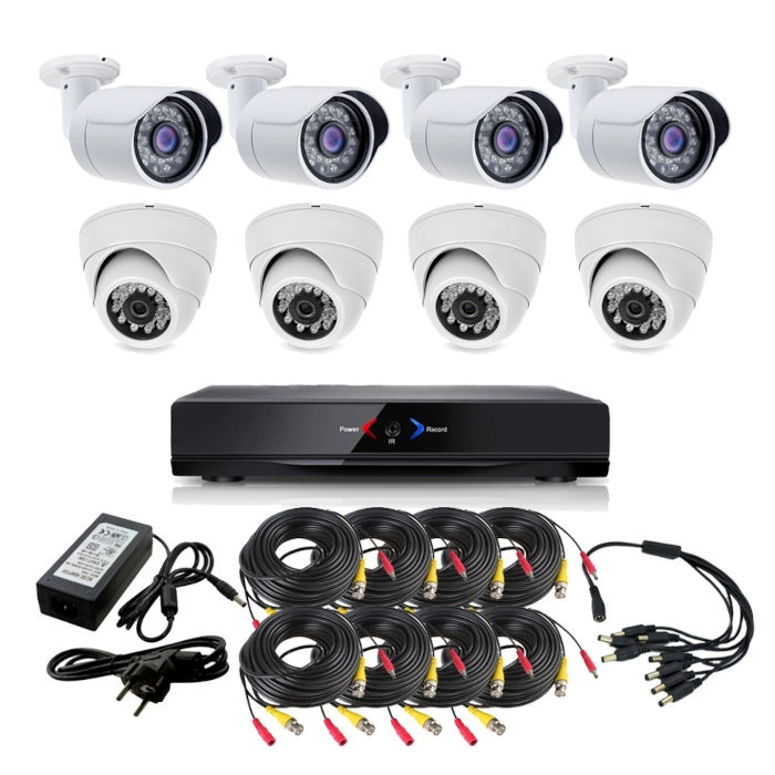 Kit Grabador CCTV con 4 camaras interior fijas HD 720p  con vision nocturna y 4 exterior fijas HD 720p