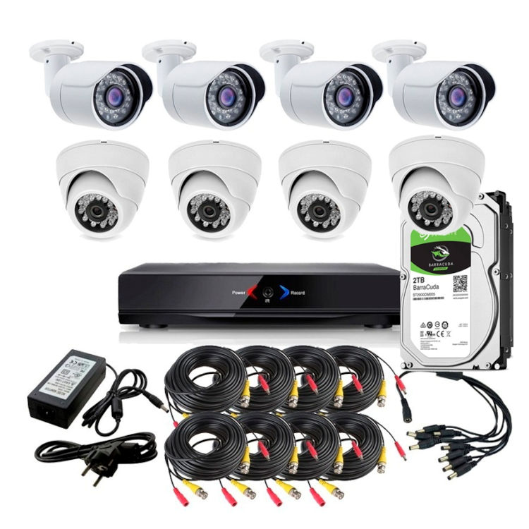 Kit Grabador CCTV con 4 camaras interior fijas HD 720p  con vision nocturna y 4 exterior fijas HD 720p. Disco duro 2Tb SATA