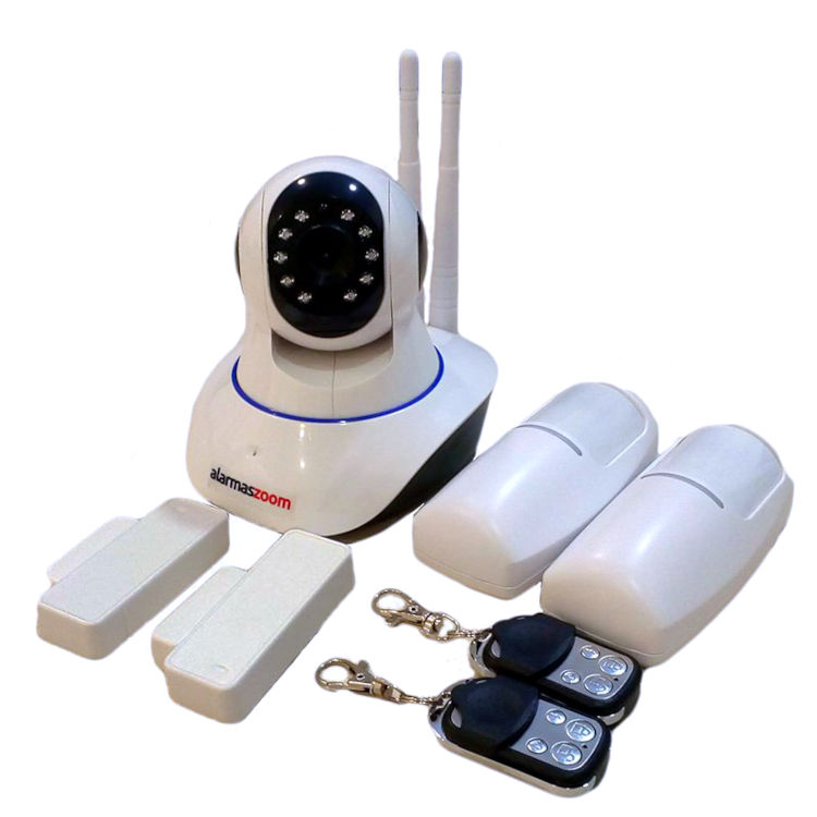 Kit alarma wifi compuesto por Camara IP 720p motorizada con 2 mandos remotos dos sensores de movimiento y dos de apertura puertas