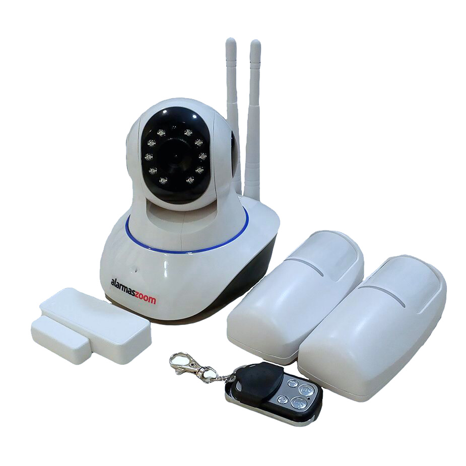 Kit alarma wifi compuesto por Camara IP 720p motorizada con 1 mando remoto dos sensores de movimiento y uno apertura puertas