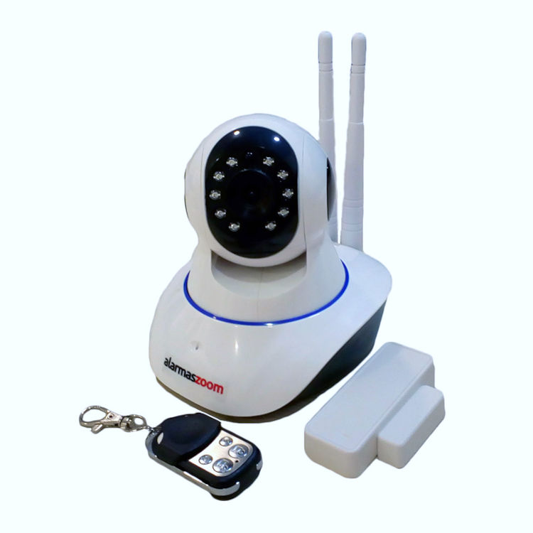 Kit alarma wifi compuesto por Camara IP 720p motorizada con 1 mando remoto y un sensor apertura puertas