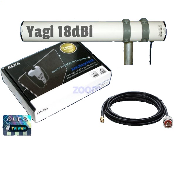 ALFA AWUS036NHR USB 2000Mw con antena Yagi WiFi 18dBi cable pigtail incluido