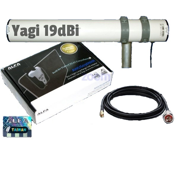 ALFA AWUS036NHR con antena WiFi Yagi 19dBi exterior cable pigtail incluido