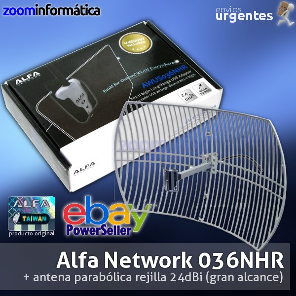 AWUS036NHR ALFA 2000MW USB ANTENA PARABOLICA 24DBI 24DB KIT LARGA DISTANCIA GRAN