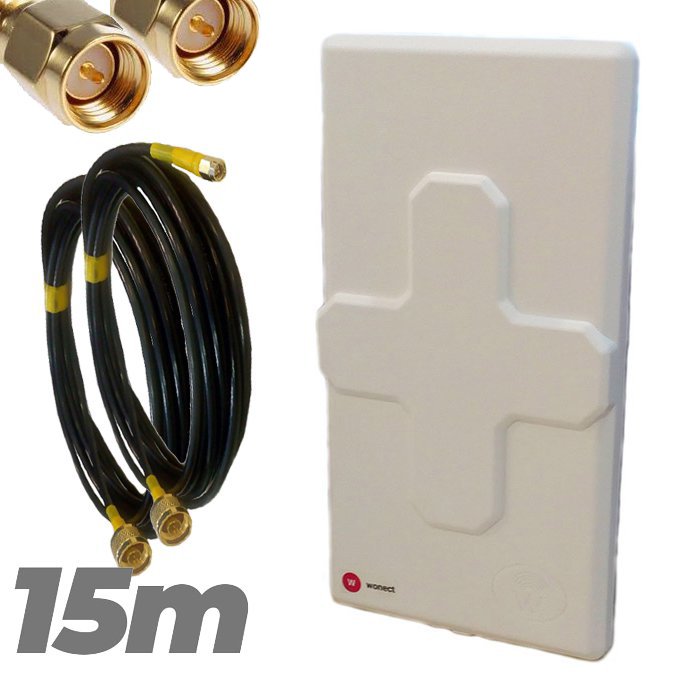 Antena 4G Wonect 50dBi Blanca Conectores N MiMo Multibanda Largo alcance Pigtail 15 metros