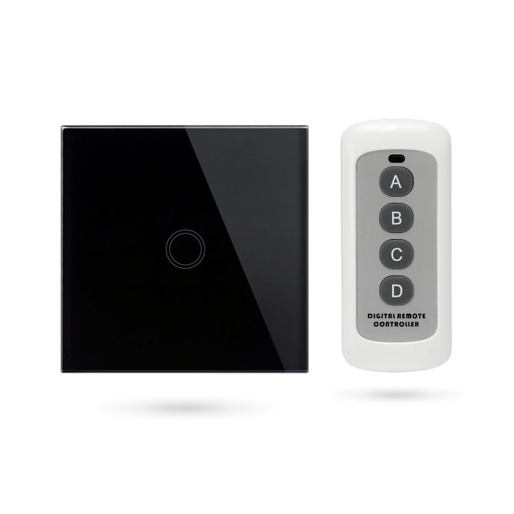 Interruptor de pared controlable por mando a distancia, APP o mediante pulsador . 1 Contacto. Color Negro
