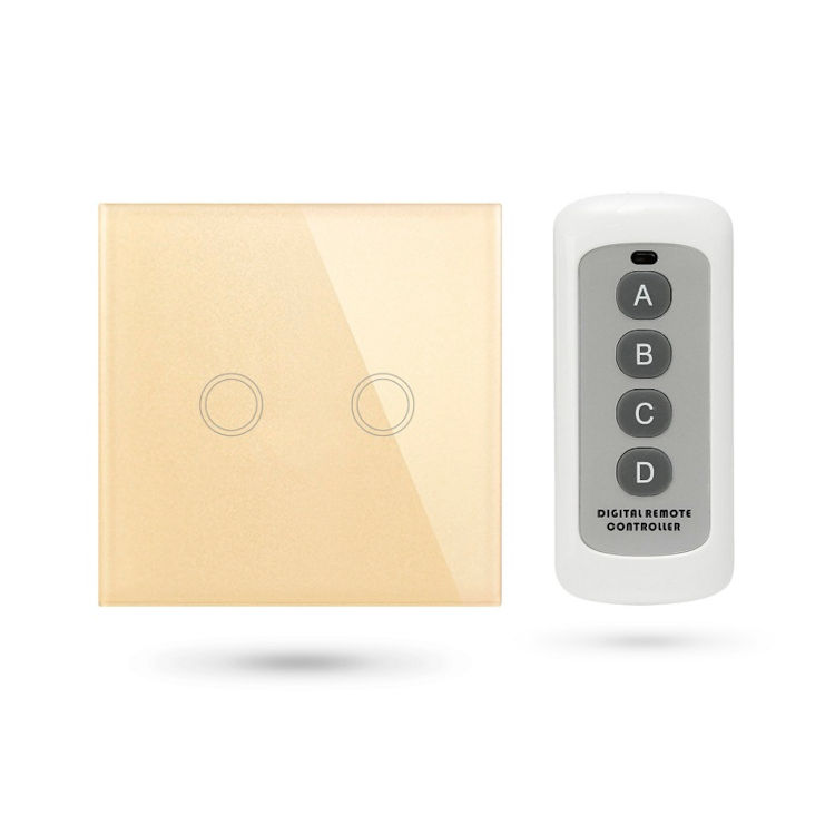 Interruptor de pared controlable por mando a distancia, APP o mediante pulsador . 2 Contactos. Color Dorado
