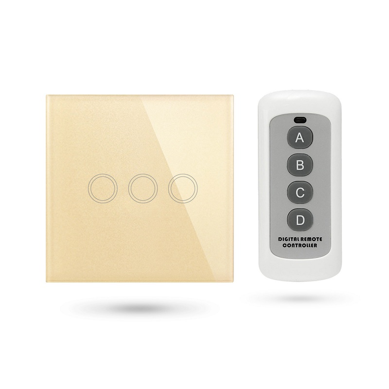 Interruptor de pared controlable por mando a distancia, APP o mediante pulsador . 3 Contactos. Color Dorado