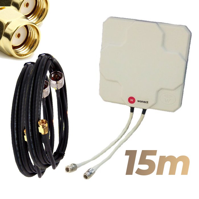 Antena WiFi Panel 46dBi Doble Salida Dual MiMo Alta potencia 15 metros cable Blanca Wonect