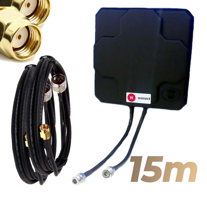 Antena WiFi Panel 46dBi Doble Salida Dual MiMo Alta potencia 15 metros cable Negra Wonect