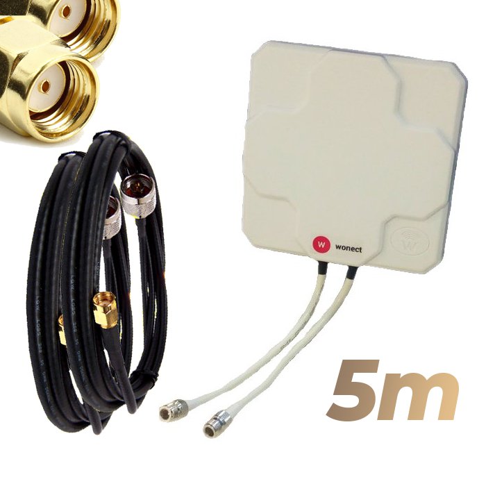 Antena WiFi Panel 46dBi Doble Salida Dual MiMo Alta potencia 5 metros cable Blanca Wonect