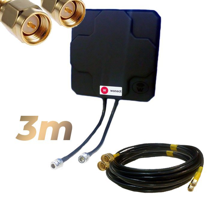 Antena 4G Wonect Panel 46dBi Negra Direccional Conector N Cables 3 metros SMA