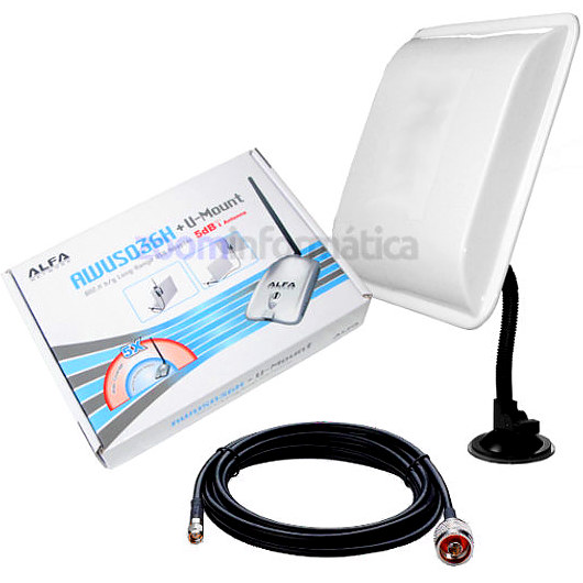 ALFA AWUS036H USB 1000Mw con antena Panel WiFi 18dBi soporte y cable pigtail incluido
