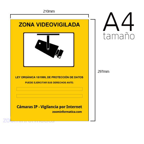 Pegatina adhesiva A4 zona vigilada videovigilada de adhesivo camara camaras informativo LOPD