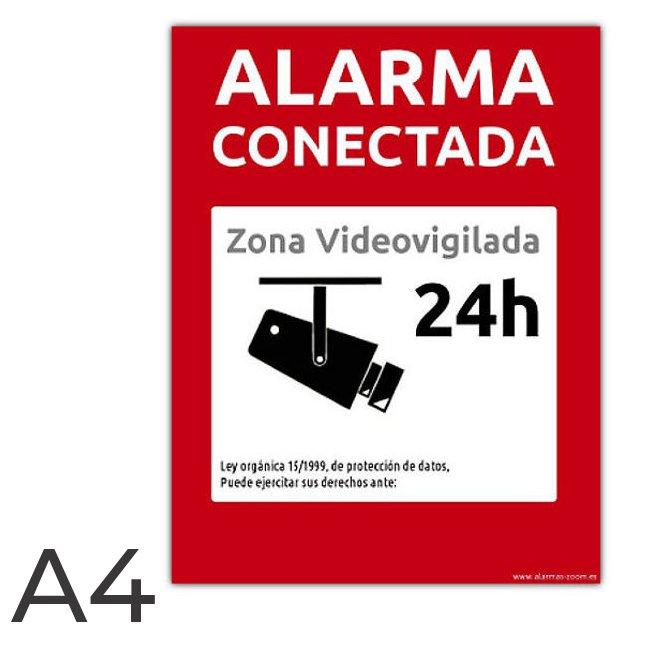 Cartel rigido PVC A4 Grande Alarma Conectada Zona Videovigilada 24 horas  Rojo