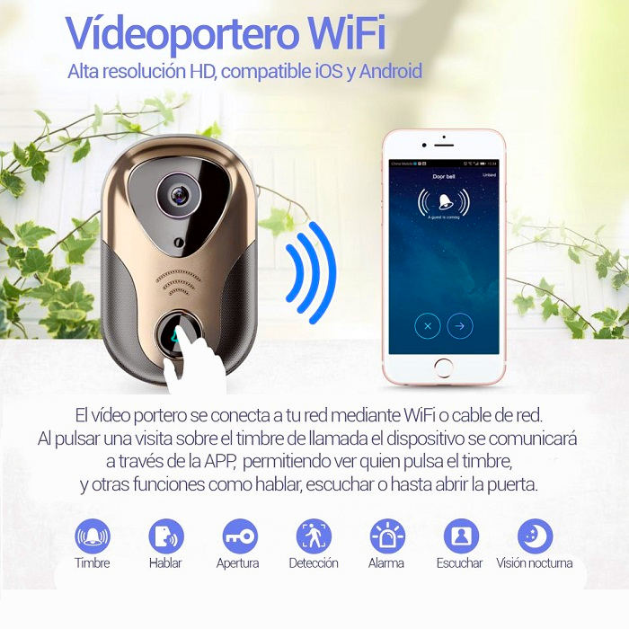 Videoportero WiFi con Timbre - Apertura de puerta y control