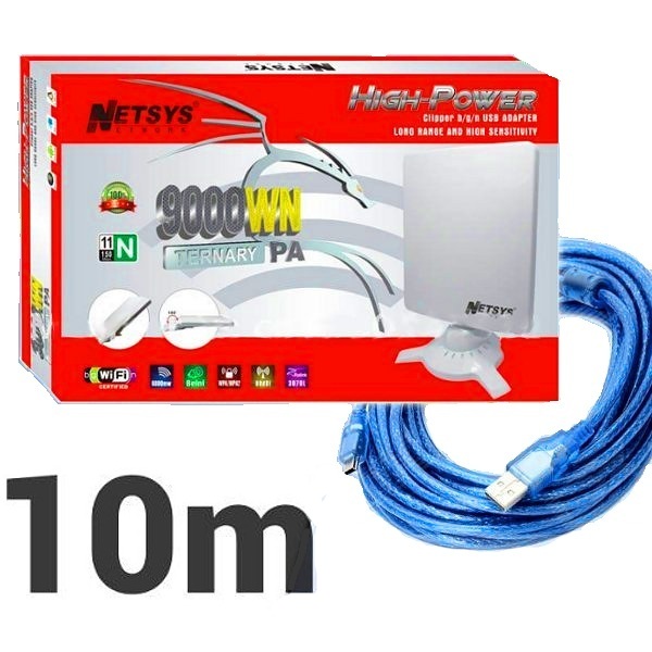 ADAPTADOR WIFI USB 9000WN 6800mW cable 10 metros NETSYS ANTENA PANEL 98dBi actualizado mejor que 6000mw