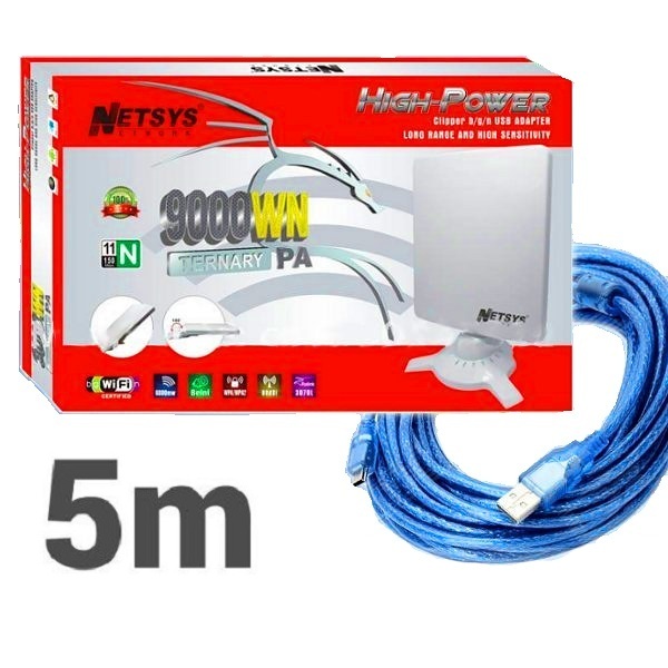 ADAPTADOR WIFI USB 9000WN 6800mW cable 5metros NETSYS ANTENA PANEL 98dBi actualizado mejor que 6000mw