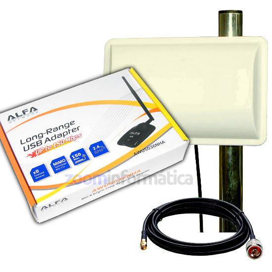 ALFA AWUS036NHA con antena Panel 14dBi Biquad conexion WiFi cortas distancias