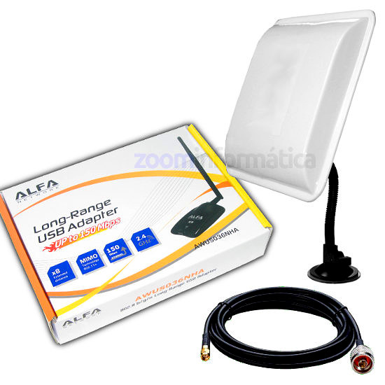 ALFA AWUS036NHA USB con antena Panel WiFi 18dBi soporte y cable pigtail incluido
