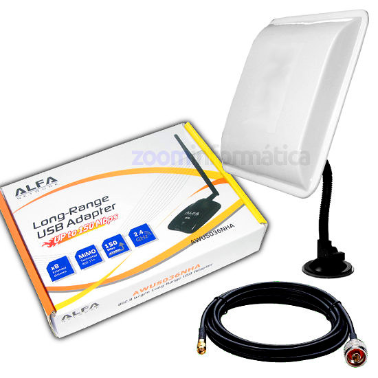 ALFA USB WIFI 630MW AWUS036NhA PANEL 18DBI 18 INTERIOR ANTENA CON SOPORTE 9271AR