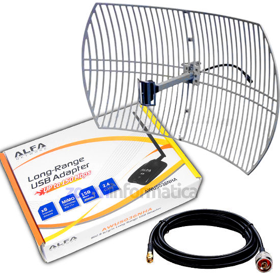 AWUS036NHA ALFA 630MW USB ANTENA PARABOLICA 24DBI 24DB KIT LARGA DISTANCIA GRAN