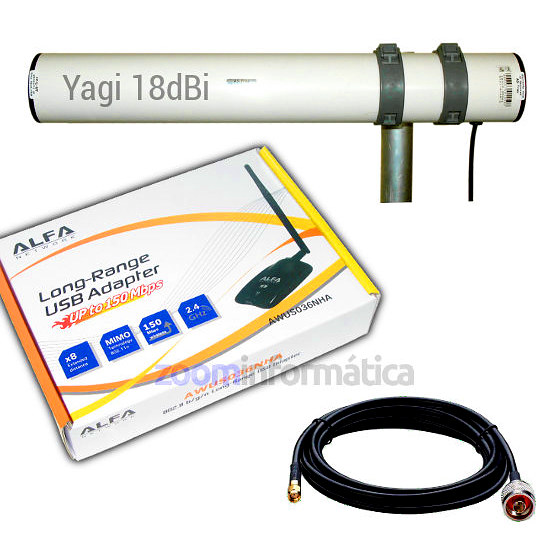 KIT USB AWUS036NHA ALFA 630MW ANTENA YAGI 18DBI WIFI WIRELESS ADAPTADOR PINCHO