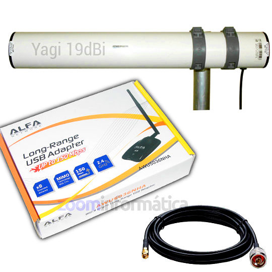 ALFA AWUS036NHA con antena WiFi Yagi 19dBi exterior cable pigtail incluido