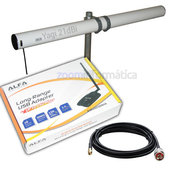 KIT WIFI USB AWUS036NHA ALFA 630MW YAGI 21DBI 21D PACK LARGO ALCANCE ANTENA 9271