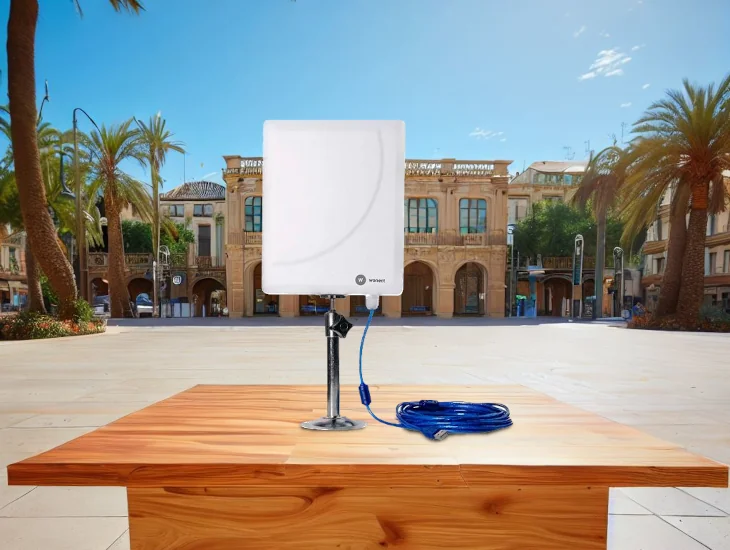 Imagen de una antena wifi usb en mesa de exposición, generada por IA, para enlazar con las antenas WiFi USB de nuestra tienda online
