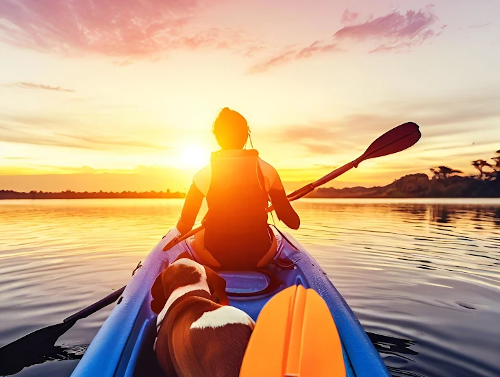 Imagen de una chica en un kayak junto a su perro, generada por IA, para enlazar con nuestras cámaras de acción y deportivas 
