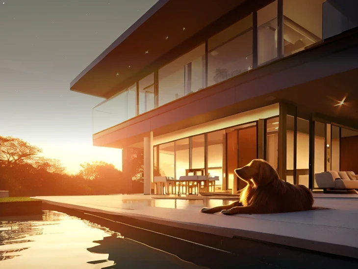 Imagen una casa moderna con un perro junto a la piscina, generada por IA, para enlazar con las cámaras IP wifi de exterior de nuestra tienda online
