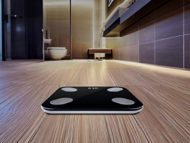 Imagen de una báscula con conexión WiFi en un baño, generada por IA, para enlazar con nuestros productos de salud y cuidado personal