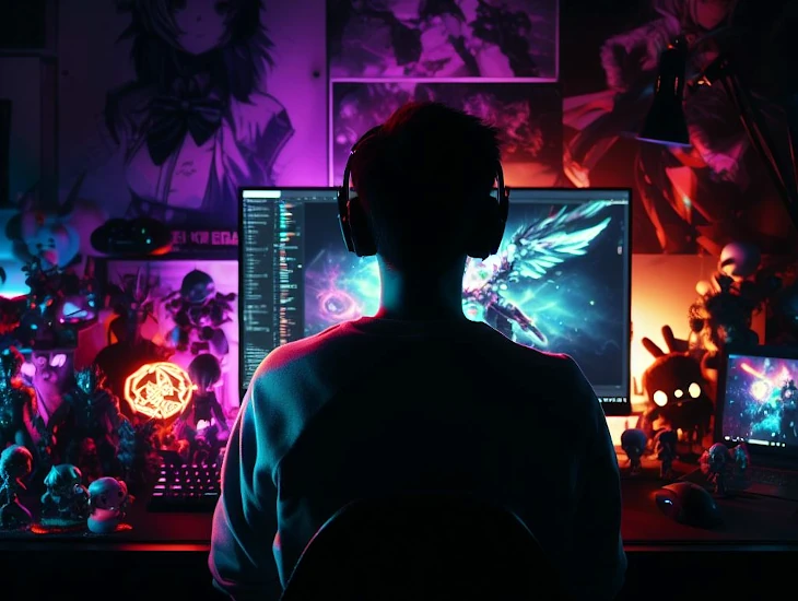 Imagen de un chico streamer de espaldas, frente a su ordenador, generada por IA, para enlazar con nuestra categoria de luces LED