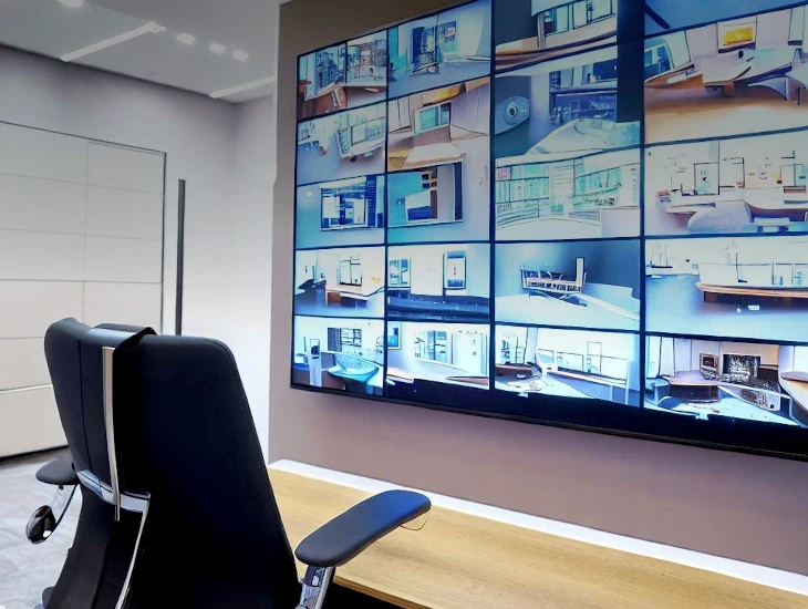 Imagen generada por IA de una zona de videovigilancia interior mediante cámaras CCTV, para enlazar con las cámaras de nuestra categoria CCTV